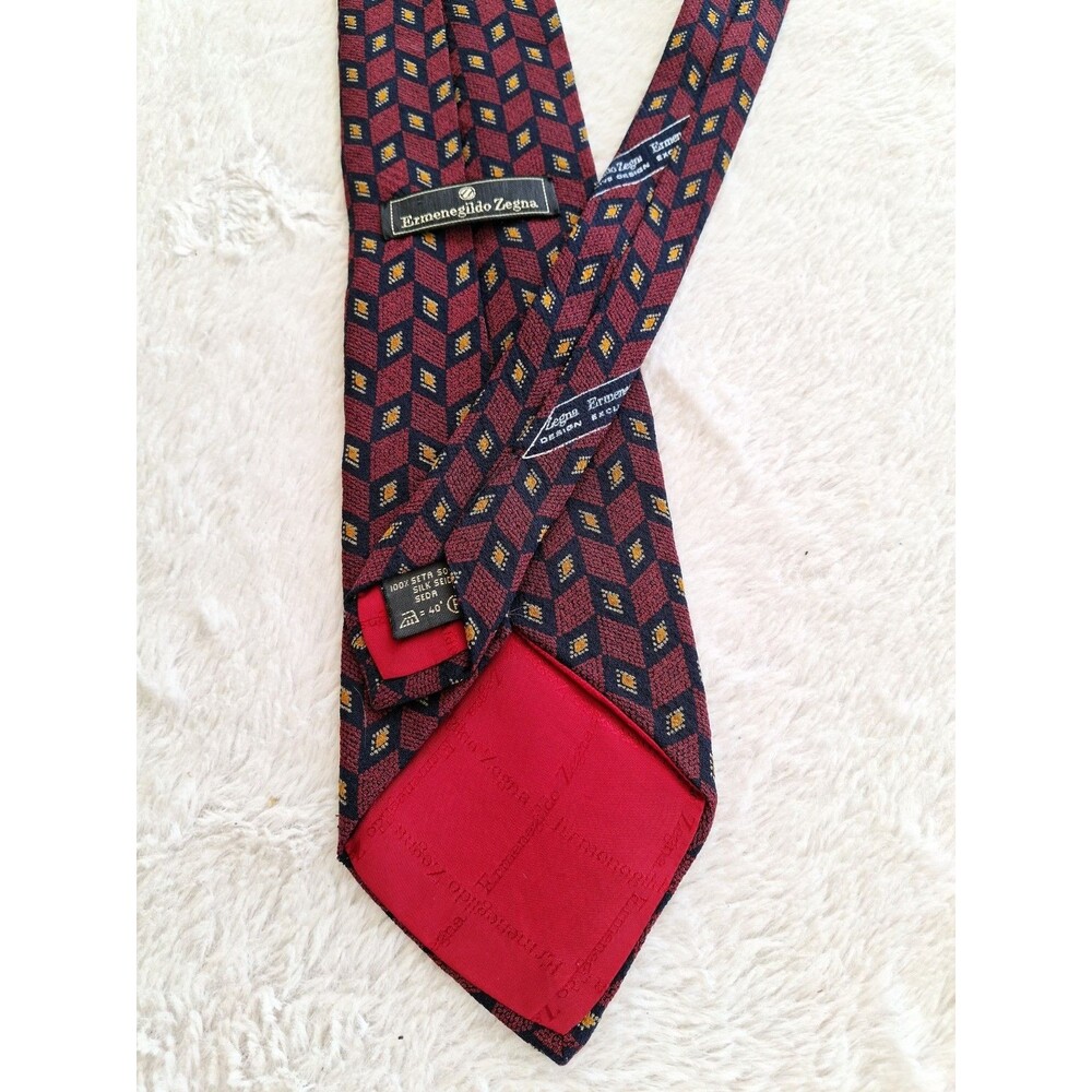 Ermenegildo Zegna Silk Tie Burgundy Navy Geometric Cubist Diamonds Vintage Italy